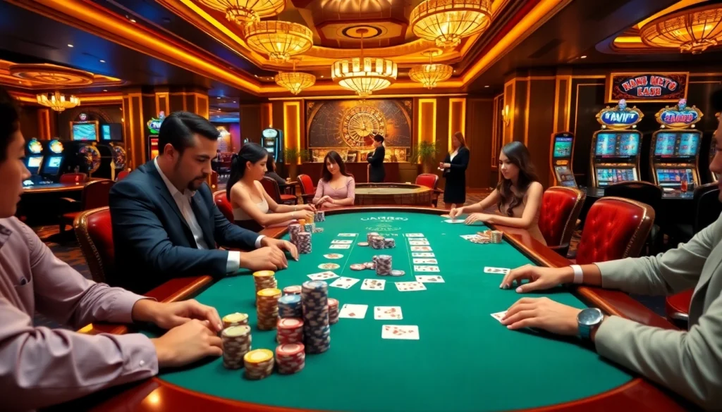 Action-packed poker game at a Man88-themed table with vibrant chips and cards.