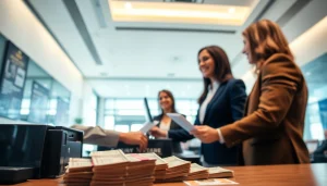 Menyetorkan deposit 1k di bank dengan teller profesional yang membantu.