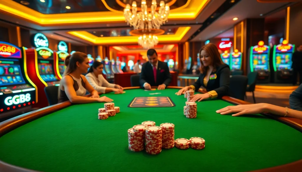 Players enjoying a high-stakes poker game at GG88's luxurious casino table.