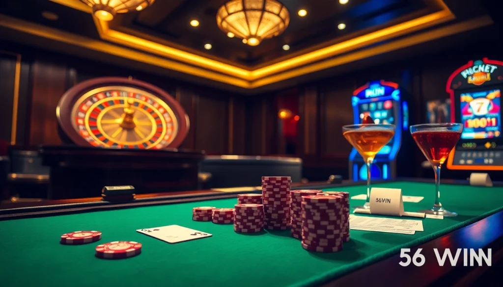 Experience the thrill of gambling at 56WIN casino with vibrant poker chips and roulette.