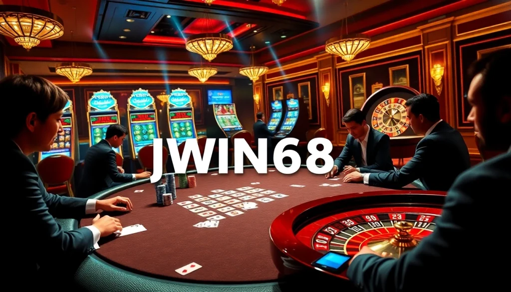 IWIN68 players enjoying a luxurious casino experience with poker chips and cards.