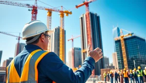 New York City Construction Manager directing a project on a busy urban construction site.