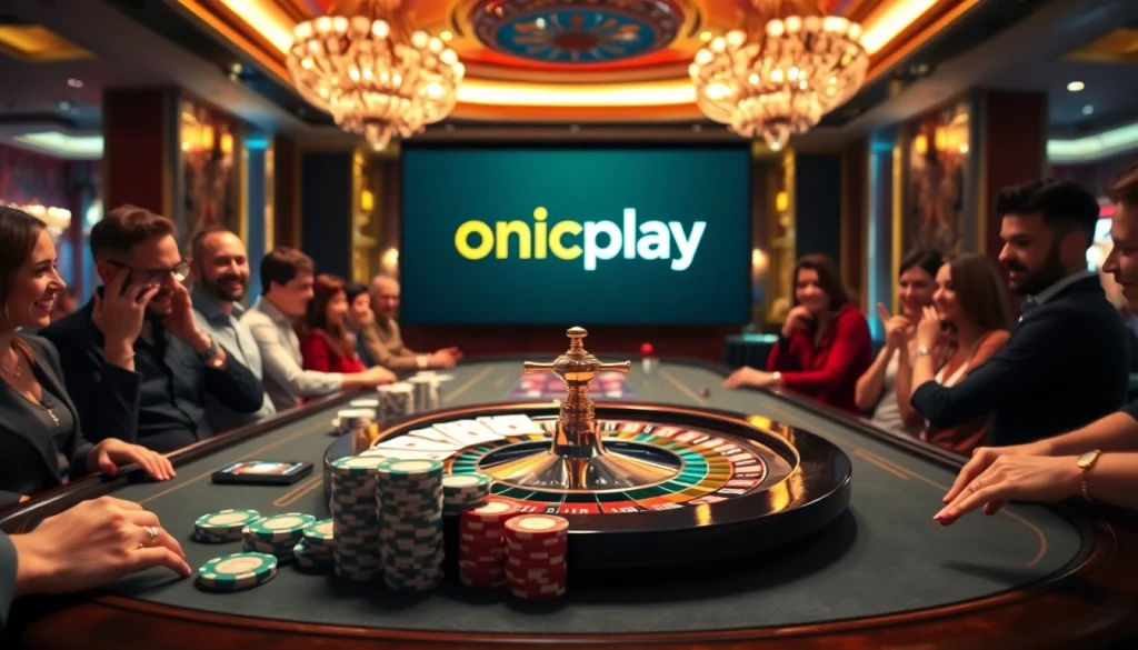 Experience the thrill of onicplay with poker chips and a roulette wheel in a vibrant casino scene.