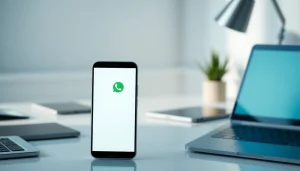 FM WhatsApp displayed on a smartphone in a modern workspace environment highlighting its advanced features.