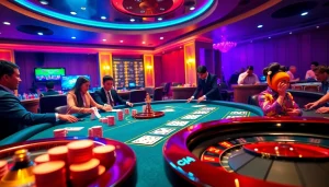 Players enjoying a thrilling poker game at https://789f.living/, featuring vibrant chips and a roulette wheel.