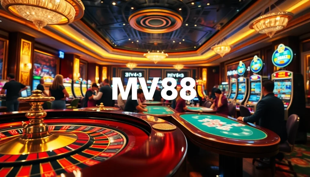 Players enjoying immersive gambling experiences at MV88 casino with luxurious tables and vibrant slots.