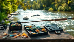 Showcase of fly fishing accessories, including rods and flies, set against a scenic river backdrop.