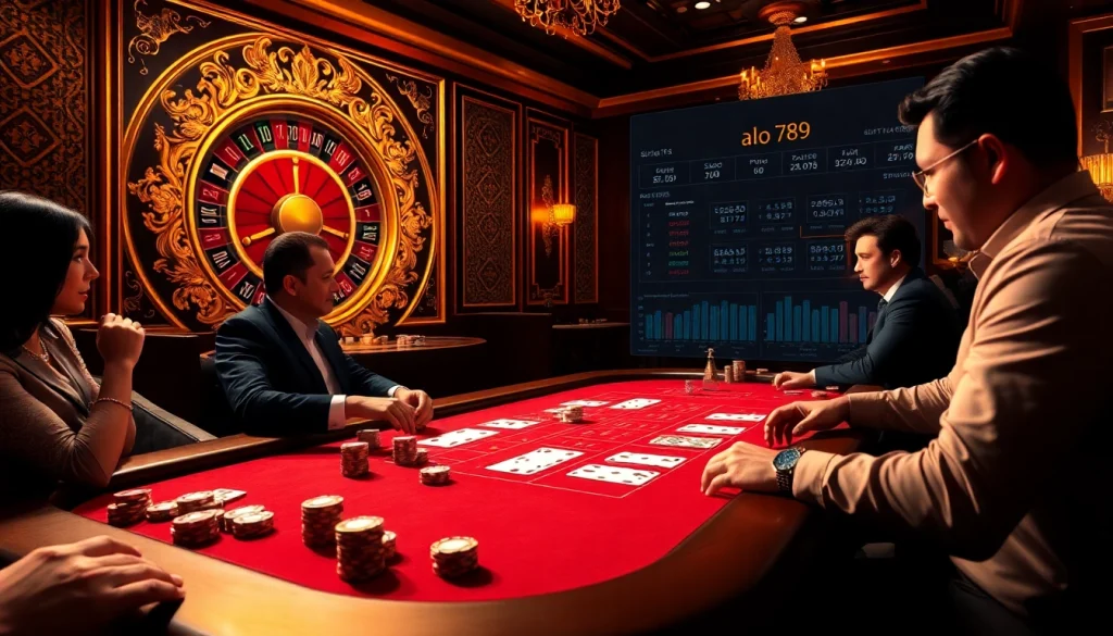 Players engaging in high-stakes poker at alo 789, with vibrant colors and luxurious casino details.