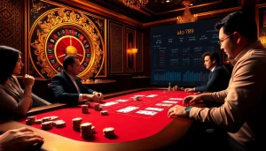 Players engaging in high-stakes poker at alo 789, with vibrant colors and luxurious casino details.