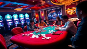 Naga99 players enjoying poker at a luxurious casino table with vibrant chips and cards.