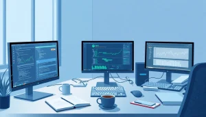Dynamic software engineering workspace showcasing coding and finance analytics on screens.