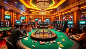 Players enjoying excitement at the 56WIN casino tables with vibrant lights and action.