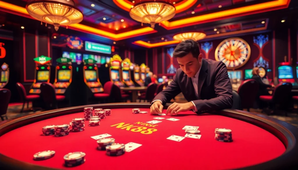 Engage with NK88 in a luxurious casino setting, featuring vibrant gaming tables and exciting atmosphere.