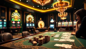 Exciting gaming scene at LV88 casino with players, cards, and roulette wheel.