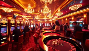 Top club gaming scene highlighting excitement with poker tables and slot machines.