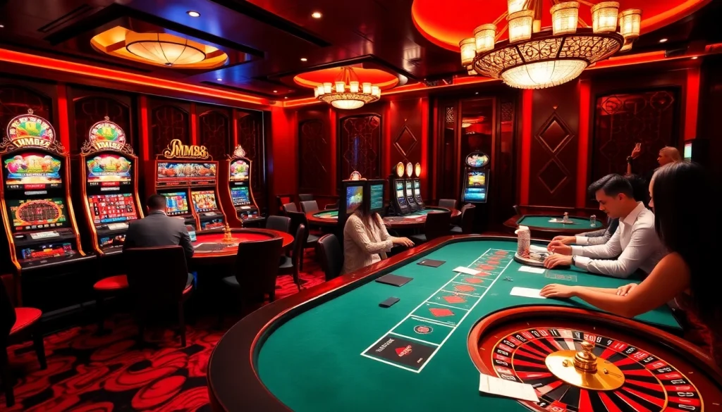Enjoying an exciting game experience at MM88, featuring a poker table and roulette wheel in a luxurious casino.