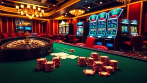 Engaging scene of sbobet link alternatif at a luxury casino, showcasing roulette, betting slips, and poker chips.