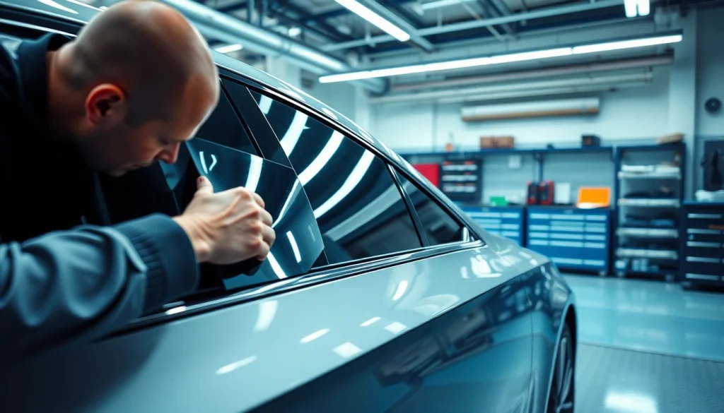 Apply auto window tint near me on a car at a professional tinting shop.