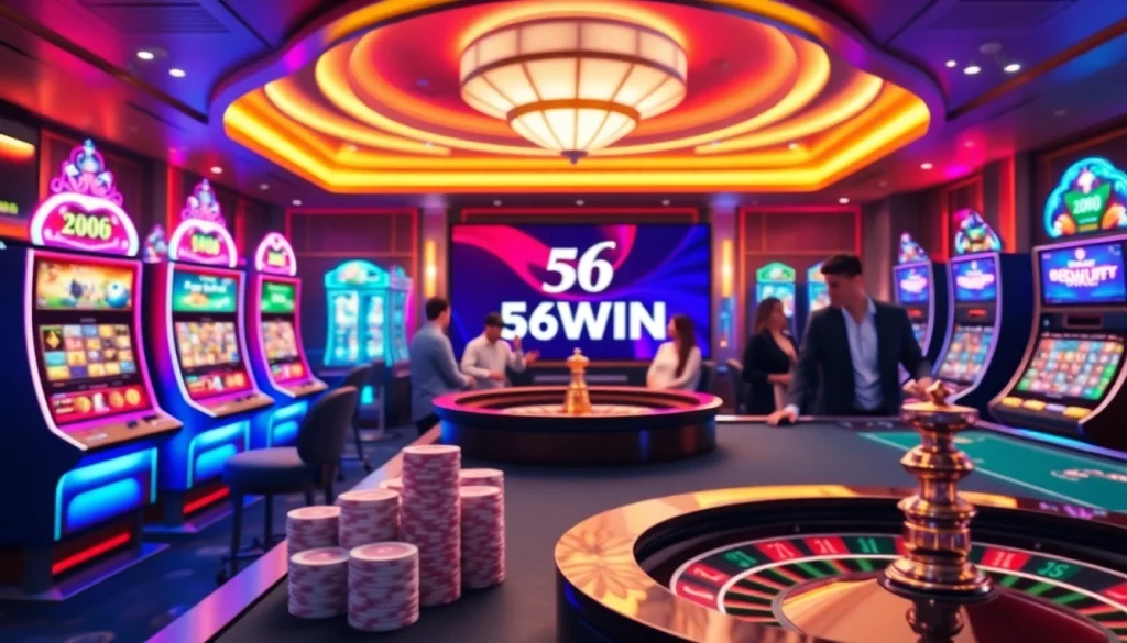 Experience the thrill of winning at 56WIN's virtual casino, featuring vibrant tables and exciting gaming.