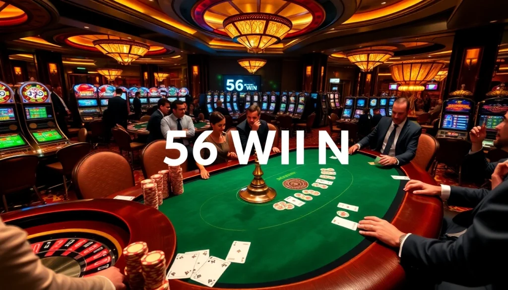 Experience excitement at the 56WIN casino with players enjoying a vibrant poker game surrounded by luxury.