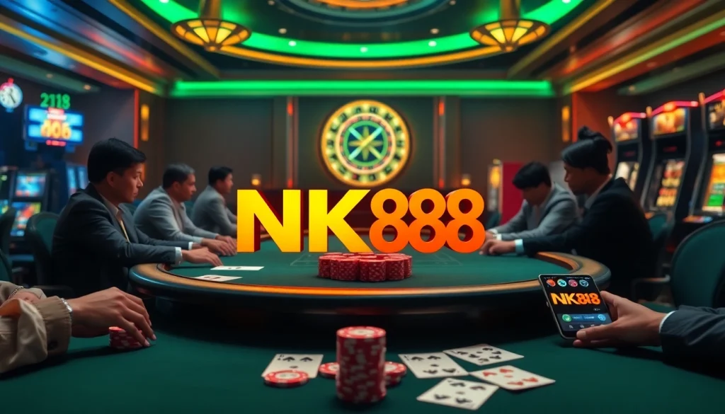 Experience the thrill of gambling at NK88 with vibrant poker tables and sparkling casino vibes.