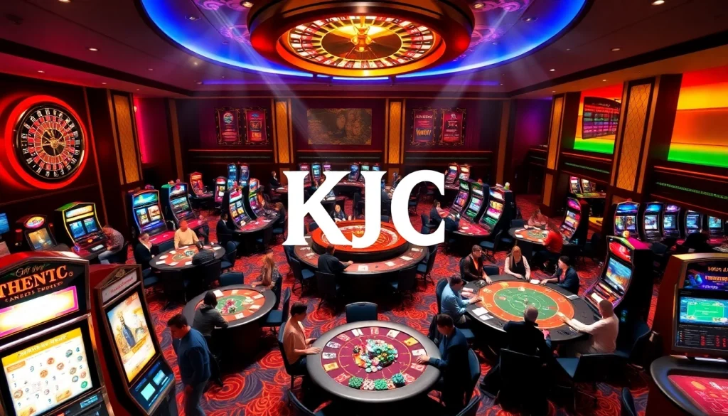 Experience the thrill of gambling with KJC at a luxurious casino setting filled with roulette tables and slot machines.