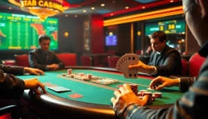 Intense poker game at a luxurious casino featuring S 8 chips and cards.