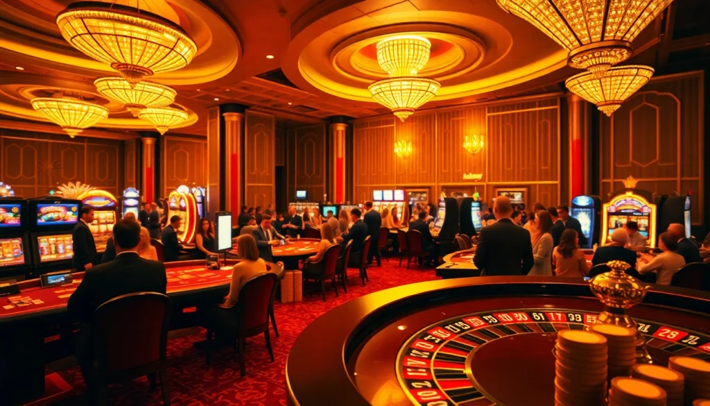 People playing exciting games at a luxurious casino, showcasing mmoo giải trí online experiences with vibrant poker chips and roulette tables.