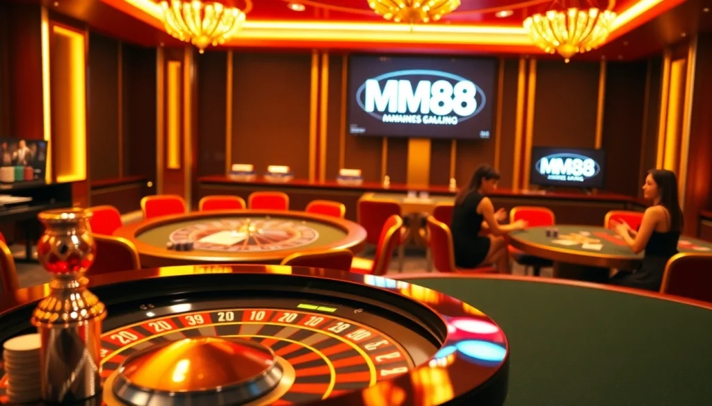 Experience the excitement of MM88 at a virtual casino featuring vibrant tables and digital roulette.