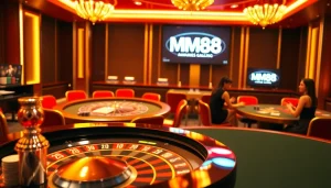 Experience the excitement of MM88 at a virtual casino featuring vibrant tables and digital roulette.