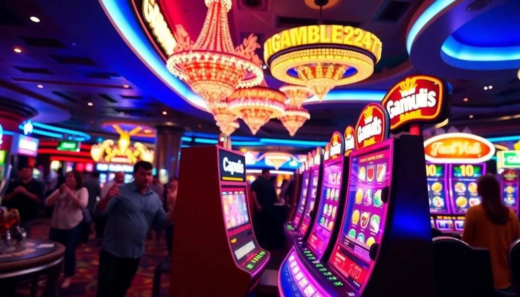 Mainkan igamble247 slot dengan mesin slot berwarna cerah di kasino yang ramai.