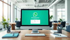 Utilizing WhatsApp Business CRM in a bright professional workspace with organized supplies.