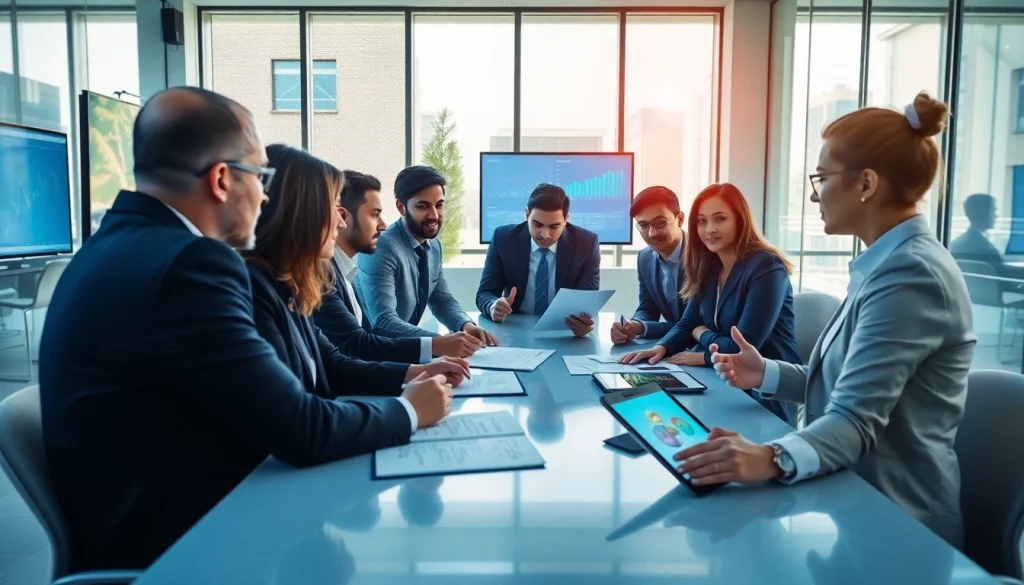 Dynamic presale meeting in a modern office with professionals discussing contracts and digital charts.