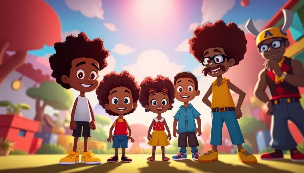 A vibrant illustration of iconic African American cartoons featuring characters like Huey Freeman and Afro Samurai, celebrating diversity.