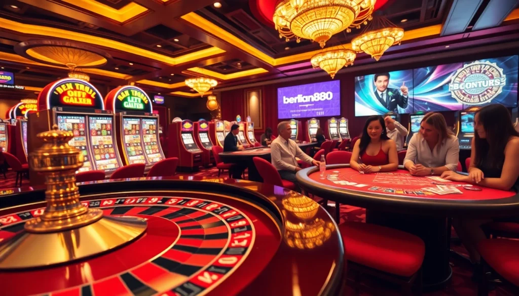 Players experiencing excitement at berlian888 casino, showcasing roulette and slot machines.