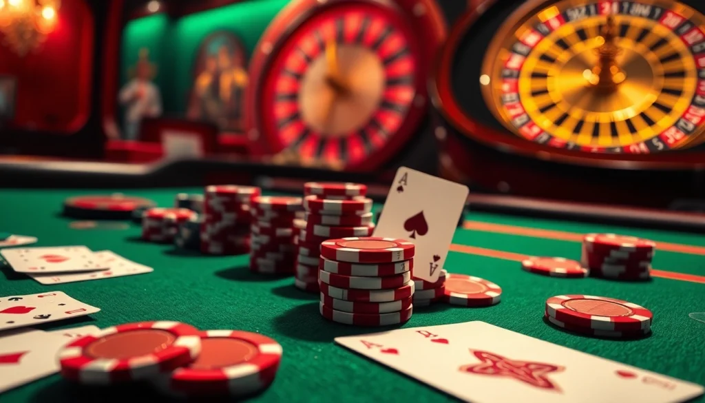 Participez au casino en ligne grâce à un élégant décor de poker avec des jetons et des cartes raffinés.