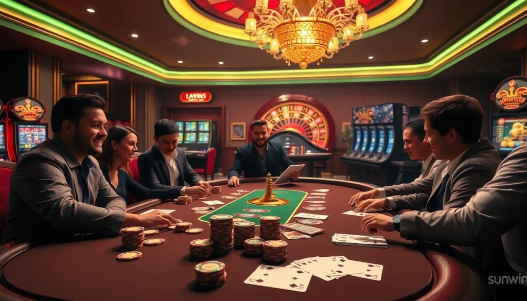 Players strategizing at a poker table in a luxurious casino, embracing the sunwin experience.