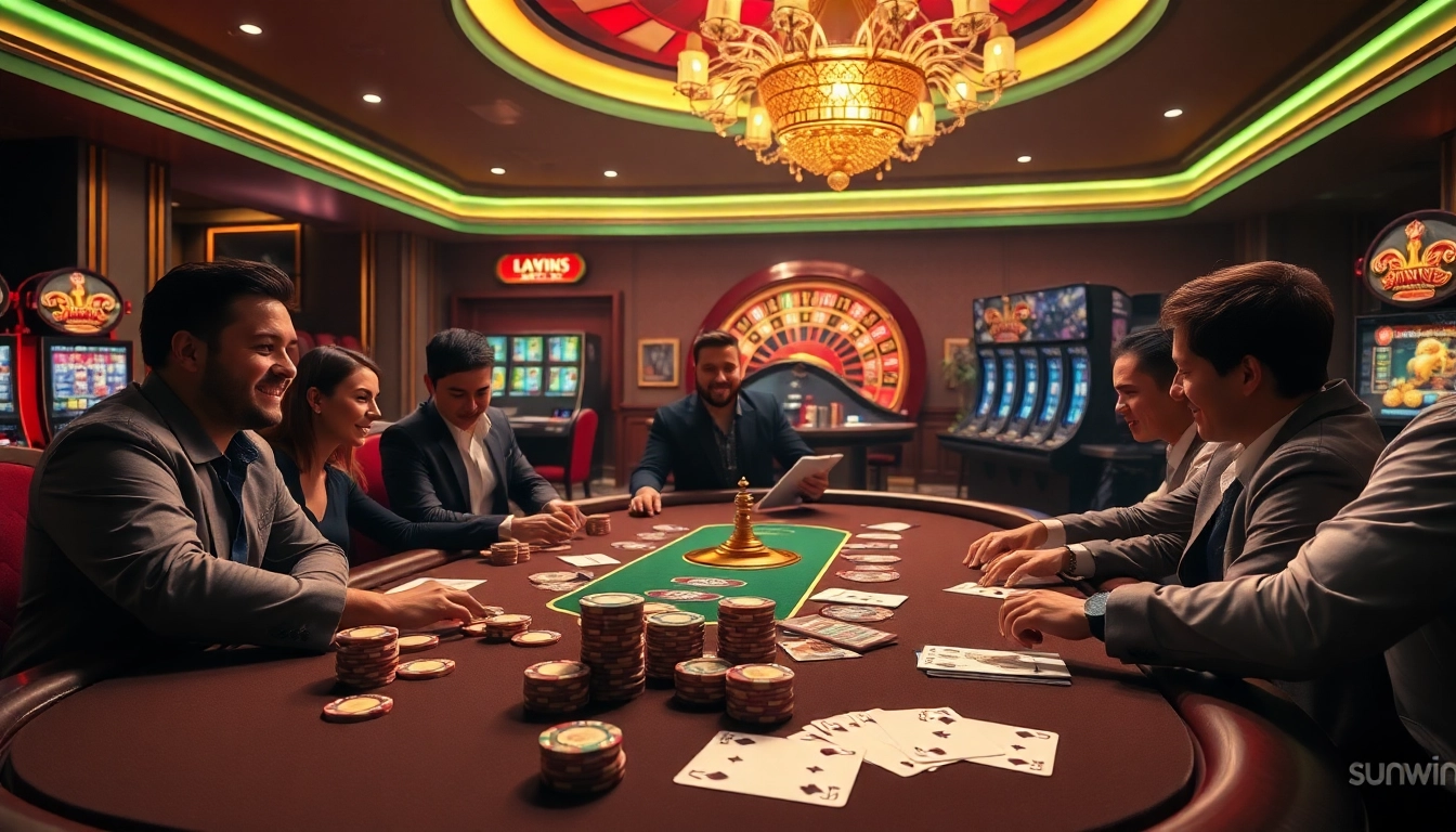 Players strategizing at a poker table in a luxurious casino, embracing the sunwin experience.
