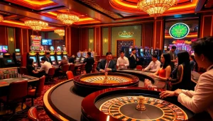 Experience the excitement of gambling at Trang chủ xin88 with a luxurious casino scene featuring roulette and poker.
