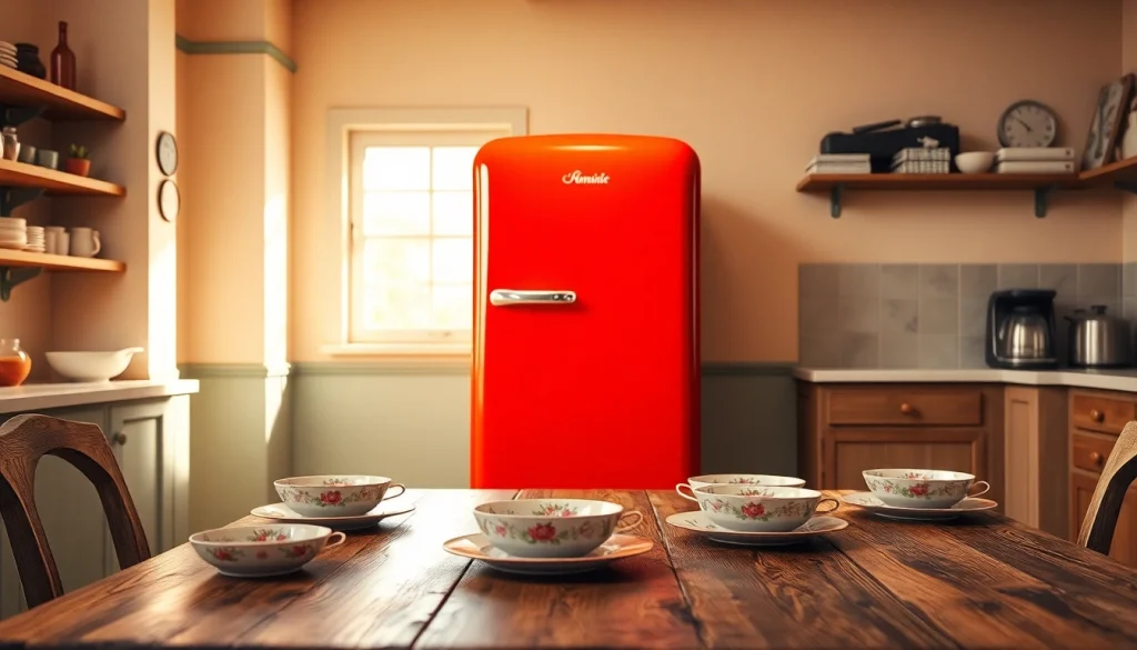 Bright red retro appliance fridge in a vintage kitchen with charming decor.