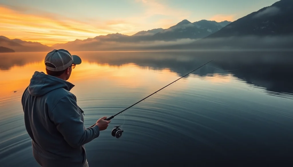 Showcasing the best fly fishing reels in use by an expert angler at a stunning lakeside at dawn.