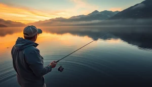 Showcasing the best fly fishing reels in use by an expert angler at a stunning lakeside at dawn.