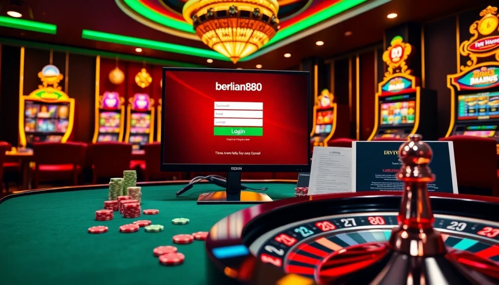 Berlian888 login interface on a computer with vibrant casino elements like slot machines and poker chips.