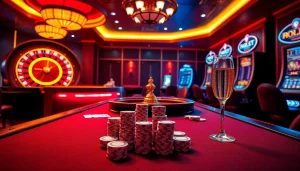 Experience the excitement of RR88 with a thrilling casino atmosphere featuring poker tables and a roulette wheel.