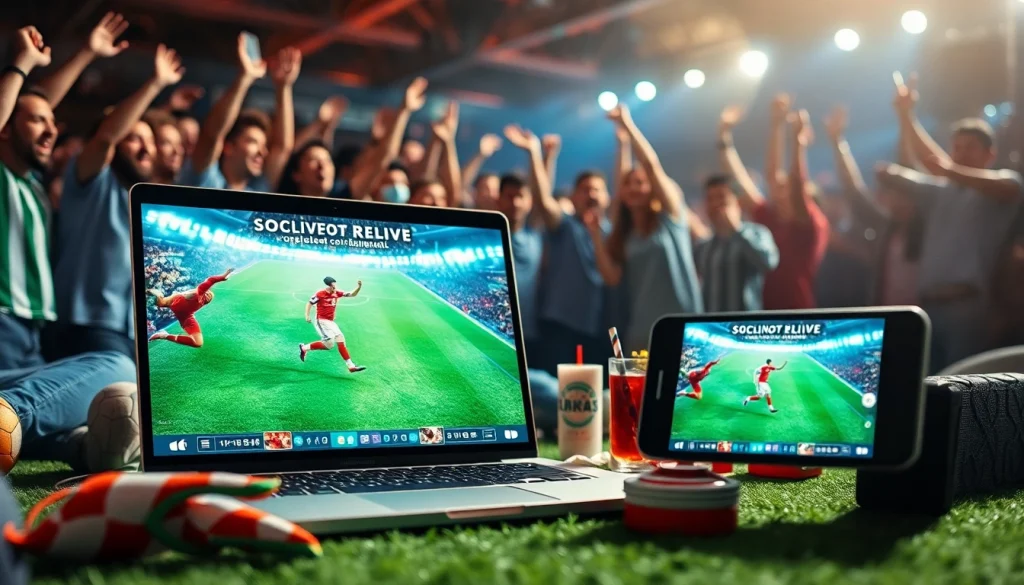 Socolive.com.co live streaming football experience with devices showcasing a vibrant match atmosphere.