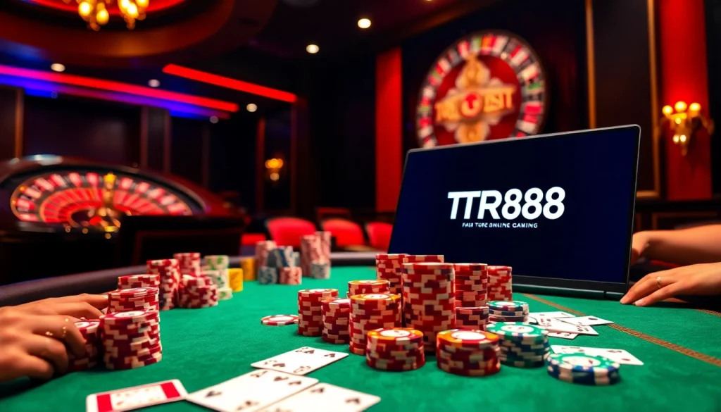Intensely focused players at a TR88 poker table, surrounded by vibrant casino ambiance.