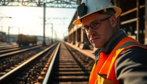 Engineer inspecting railway track after a derailment, highlighting urgency and safety measures.