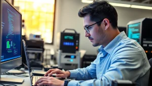 Aktualizacja systemu na laptopie przez profesjonalnego technika w biurze.