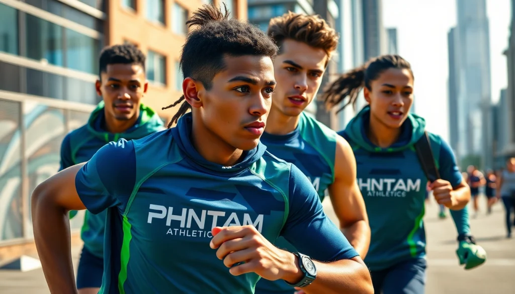 Sportler in dynamischer Pose mit phantom athletics Bekleidung im urbanen Ambiente