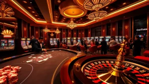 Découvrez l'excitation du casino en ligne avec des joueurs célébrant leurs gains à une table de jeu animée.